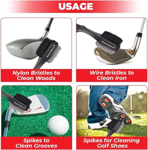 Vista 5 de Cepillo retráctil para palos de golf Cepillo doble de gran tamaño, agarre ergonómico, limpiador de ranuras retráctil y cordón