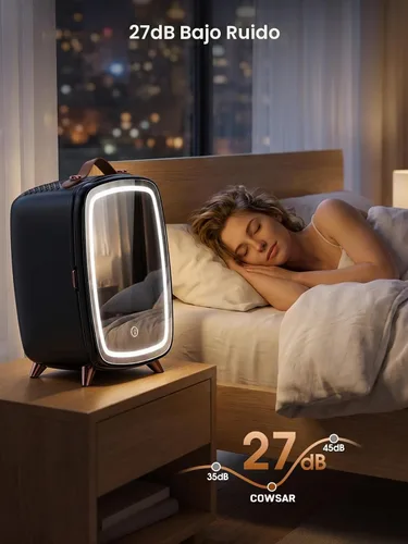 Vista 6 de COWSAR Mini refrigerador para dormitorio con espejo de luz LED regulable, refrigerador para el cuidado de la piel de 6 litros/8 latas con mango Negro