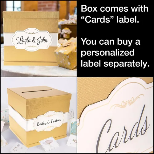 Vista 2 de Merry Expressions Caja de tarjetas dorada de 10 pulgadas, tarjetero para fiesta, caja de regalo de dinero para recepción de boda, graduación