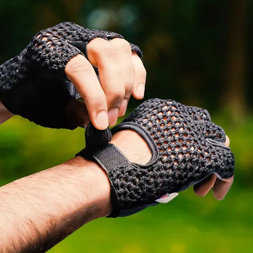 Vista 5 de Guantes de cuero acolchados con gel de levantamiento de pesas de malla para entrenamiento, ciclismo, gimnasio, color negro (XXL)