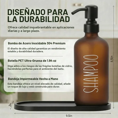 Vista 2 de MOMEEMO Botellas de champú y acondicionador ámbar con bandeja Negro ámbar