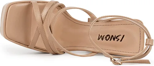 Vista 5 de ISNOM Tacones gruesos de plataforma para mujer, sandalias de tacón de bloque con punta cuadrada abierta y correa de tobillo
