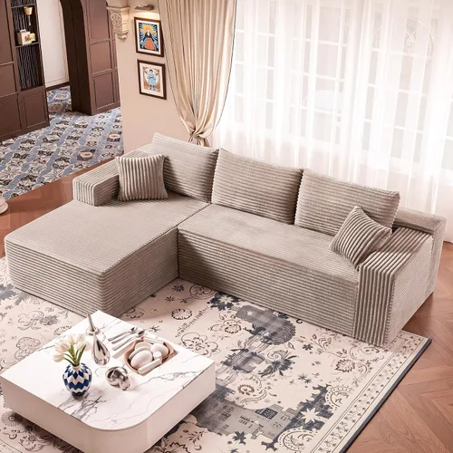 Vista 24 de Sofá seccional negro de 96.9 pulgadas, sofá modular de pana sin hueso con resortes y espuma de alta resistencia, asiento profundo compacto de gran