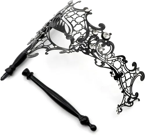Vista 5 de Thmyo Máscara veneciana de fiesta de Mardi Gras de Halloween con palo de sujeción, máscara de mano con plumas de metal y diamantes de imitación