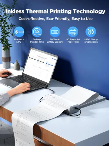 Vista 2 de NUOTUN Impresoras portátiles inalámbricas para viajes, impresora térmica A4 Bluetooth compatible con portátiles iOS y Android, compatible con 8.5 x