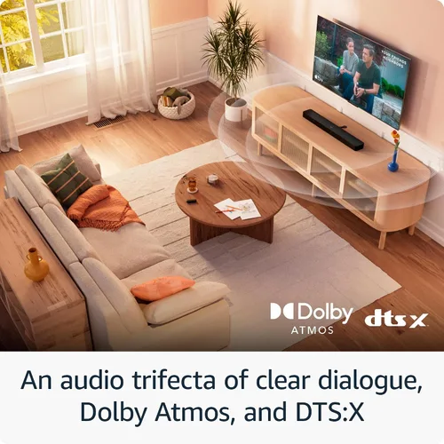 Vista 4 de La Barra de sonido Amazon Fire TV Plus con subwoofer (modelo más reciente), canal 3.1, Dolby Atmos, DTS:X y diálogos nítidos