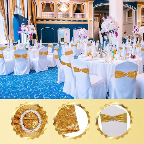 Vista 5 de 50 bandas de lentejuelas para silla de 5.9 x 13.78 pulgadas, color dorado, para decoración de silla brillante para bodas, banquetes, fiestas