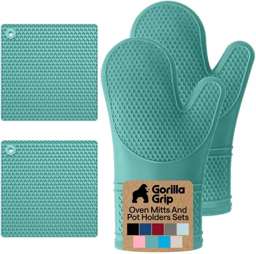 Vista 32 de GORILLA GRIP - Juego de guantes de horno de silicona suave sin BPA, guantes de cocina resistentes al calor e impermeables, forro de algodón grueso