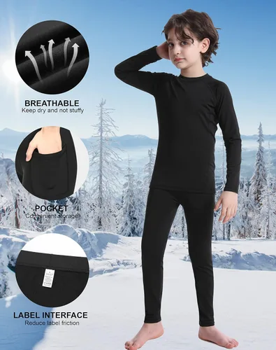 Vista 4 de Roadbox Conjuntos de ropa interior térmica para niños, ultra suave, con forro de FLeece, capa base larga y bolsillos