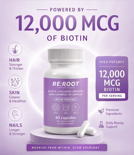 Vista 5 de RE:ROOT Cápsulas de belleza capilar – Biotina 12,000 mcg, colágeno, queratina, MSM, bambú – para cabello, piel y uñas – 60 cápsulas veganas