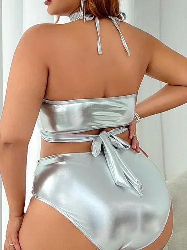 Vista 2 de MakeMeChic Conjunto de bikini metálico brillante de 2 piezas para mujer, talla grande, traje de baño con triángulo halter