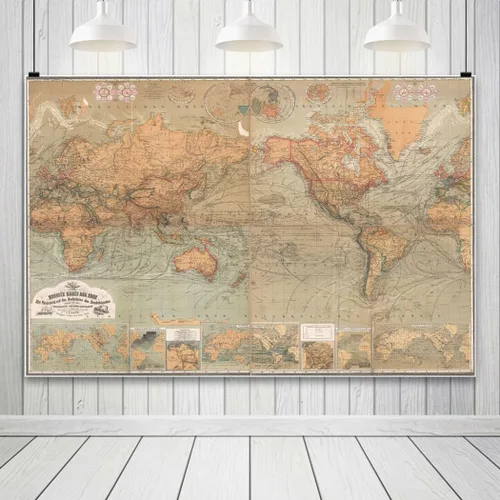 Vista 4 de AOFOTO Telón de fondo de fotografía de mapa del viejo mundo de 7 x 5 pies, estilo vintage, retro, mapa náutico del mundo, fondo marrón antiguo