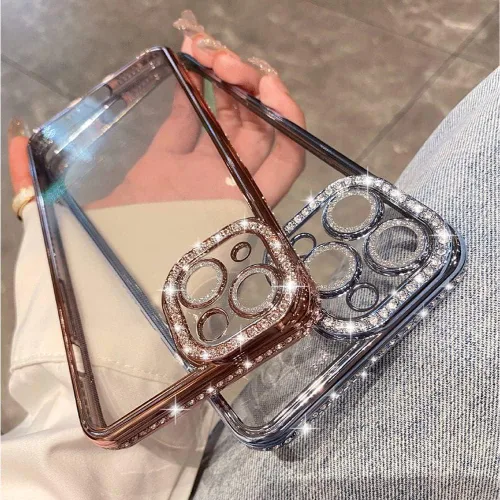 Vista 4 de Funda compatible con iPhone 11 Pro Max con protector de lente de cámara de diamante con purpurina, bonita funda de cristal transparente a prueba