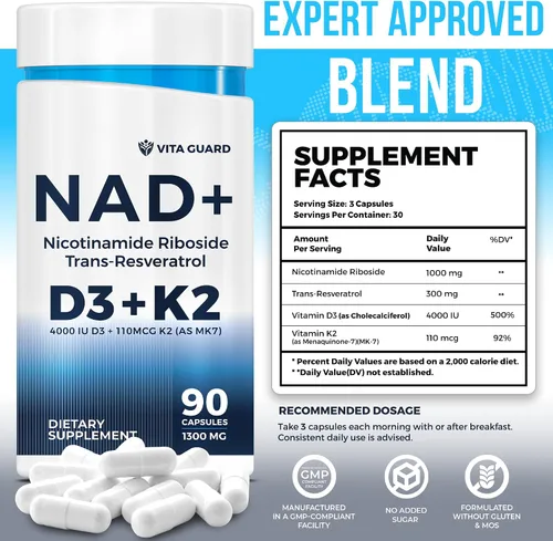 Vista 2 de Suplemento NAD de energía antienvejecimiento - Alternativa NMN con ribósido de nicotinamida 1000 mg, Trans-Resveratrol 300 mg, vitamina D3 4000 UI