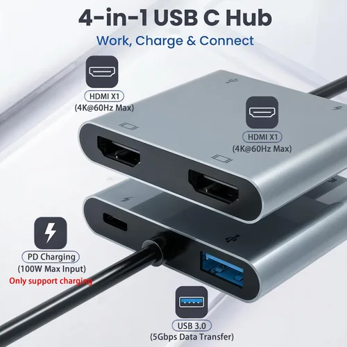 Vista 3 de Adaptador USB C a HDTV dual, adaptador multipuerto USB C de 4K a 60 Hz con 2 HDMI, USB 3.0, 100 W PD, macOS solo permite modo espejo, Windows