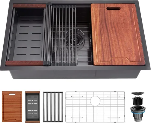 Vista 10 de Fregadero de cocina con estación de trabajo de montaje inferior de 27 pulgadas, fregadero de cocina de acero inoxidable calibre 16 con revestimiento