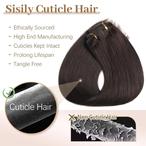 Vista 5 de Sisily Extensiones de cabello humano real con pinzas, extensiones de cabello humano real de alta calidad, color marrón oscuro, extensiones