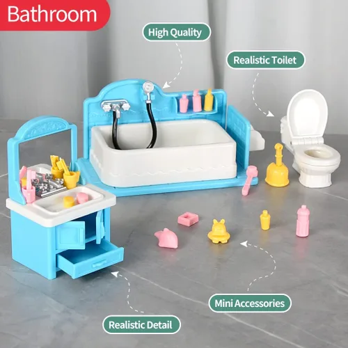 Vista 8 de TAKIHON Muebles para Casa de Muñecas, Juego de Juguetes de Cocina y Baño, Juego de Refrigerador y Lavadora para Niños, Accesorios en Miniatura