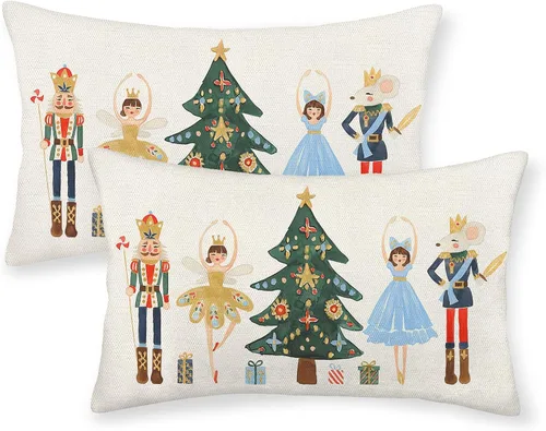Vista 10 de Juego de 2 fundas de almohada navideñas de 16 x 16 pulgadas, fundas de almohada de lino color rojo con diseño de alces y ciervos de invierno