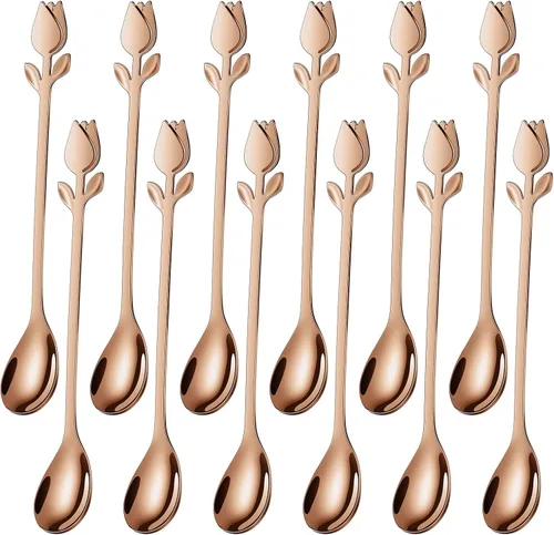 Vista 13 de Juego de 12 mini cucharas de café con mango de tulipán negro/rosa, acero inoxidable de 6 pulgadas para expreso, té, postre, ideal para demitasse