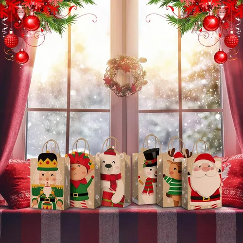 Vista 4 de Funrous Bolsas de regalo de Navidad, 6 diseños, bolsas de regalo de papel kraft de Navidad con asas, recuerdos de Navidad para aperitivos