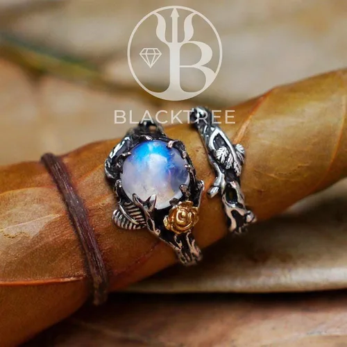 Vista 2 de Cleo & Mio - Juego de anillos de compromiso con piedra lunar arcoíris de 0.315 in, anillos de compromiso de oro y plata de ley para mujer, anillo