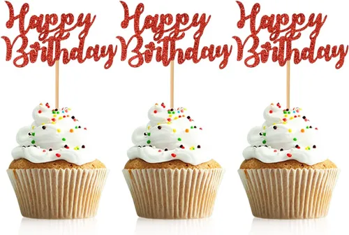 Vista 6 de 48 piezas de decoración para cupcakes de feliz cumpleaños, color negro, con purpurina, suministros de decoración de fiesta de cumpleaños