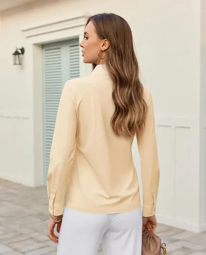 Vista 2 de Camisa con botones para mujer, ajustada, elástica, sin arrugas, para mujer, de manga larga, con cuello, blusa de trabajo para uso casual