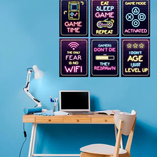 Vista 6 de Póster de 6 videojuegos – Póster impreso de neón para juegos, citas de jugadores, arte y decoración de neón para dormitorio, palabras inspiradoras