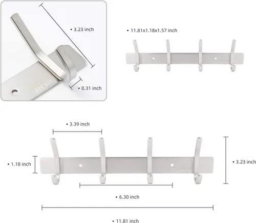 Vista 5 de Perchero montado en la pared, toalleros plateados de acero inoxidable con 4 ganchos para baño, cocina, puerta de dormitorio