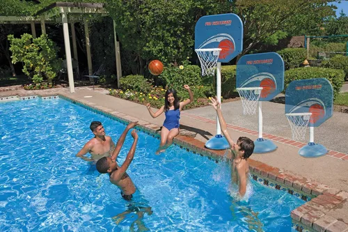 Vista 2 de Poolmaster Juego de aro de baloncesto ajustable Pro Rebounder junto a la piscina, tablero para todo tipo de clima, altura ajustable de 40 a 74