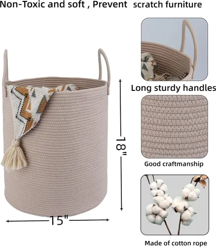 Vista 2 de XUANGUO - Cesta de lavandería de cuerda de algodón, cesta tejida de almacenamiento para ropa, cesta de mimbre para sala de estar, dormitorio, cesta
