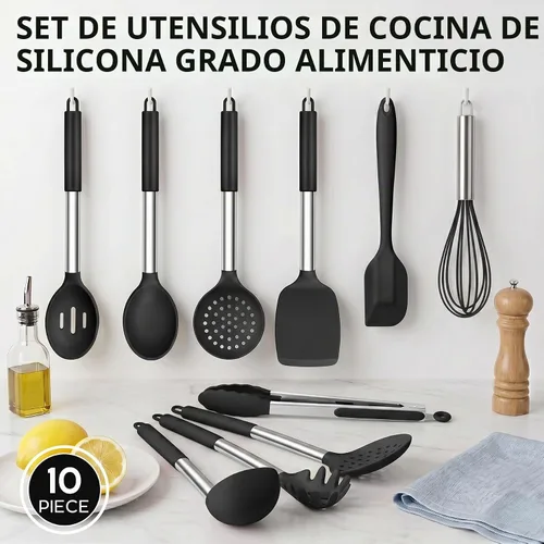 Vista 3 de Onader Juego de 10 utensilios de cocina de silicona, con soporte y mango de acero inoxidable resistente al calor para utensilios de cocina Negro