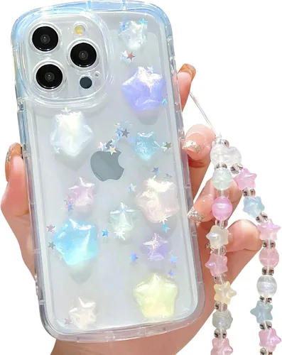 Vista 45 de Compatible con iPhone 11 Pro Funda Transparente Bonita con Diseño de Estrella con Purpurina en 3D con Perlas y Pulsera de Perlas, Diseño de Cadena