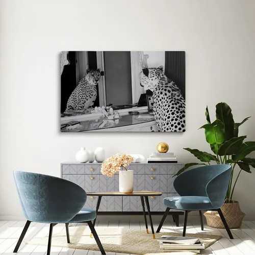 Vista 5 de Impresión de guepardo en el espejo, impresión de fotografía en blanco y negro, leopardo vintage en blanco y negro, fotos de espejo con aspecto