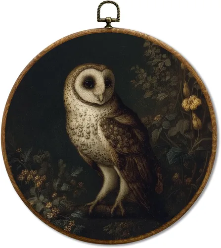 Vista 15 de JUIOEIU Decoración de pared redonda de búho de hongo con núcleo de cabaña, impresiones en lienzo enmarcadas con diseño de búho lluvioso oscuro