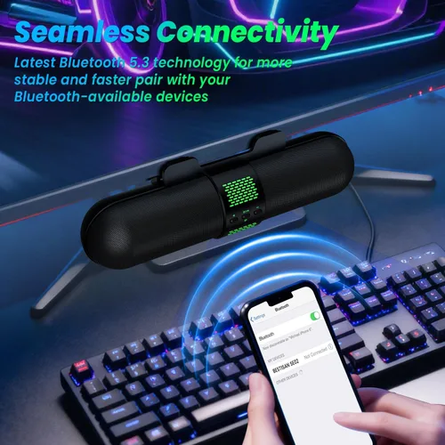 Vista 5 de BESTISAN Altavoz para computadora, conexión Bluetooth 5.3/USB con cable A/C, 6 modos de luz RGB, barra de sonido