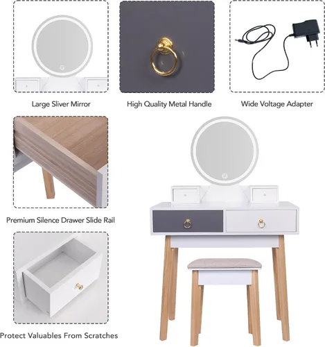 Vista 7 de Juego de tocador de maquillaje con espejo iluminado, escritorio blanco con cajones y taburete acolchado, mesa de maquillaje con espejo de luces