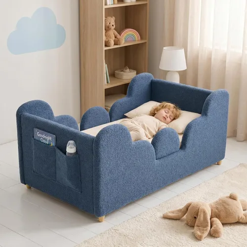 Vista 9 de Cama de suelo para niños pequeños, cama Montessori suave con rieles extraíbles