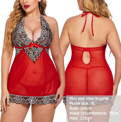 Vista 6 de Lencería Avidlove con cuello en V, de encaje, babydoll de malla, ropa de noche para mujer