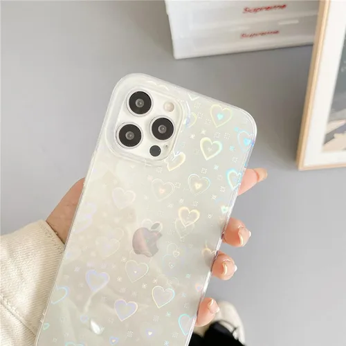 Vista 2 de Jusy Compatible con iPhone 7 Plus / 8 Plus holográfico Love Heart Iridescent Clear Kawaii, funda estética láser brillante arco iris, bonita funda