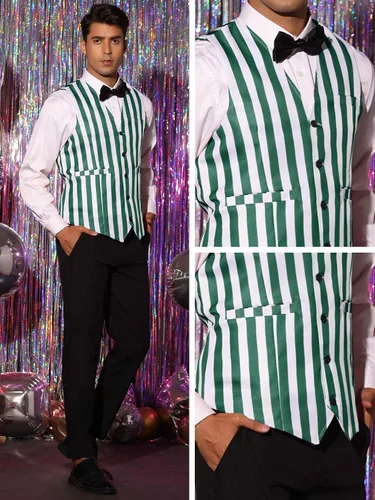 Vista 5 de Lars Amadeus Chaleco de negocios para hombre, ajustado, cuello en V, sin mangas, estampado a rayas Verde