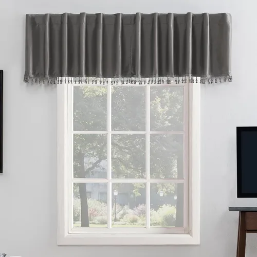Vista 27 de Sun Zero Greyson - Valance de cortina con pestaña trasera de seda de dupioni de imitación con borlas de cuentas y aislamiento térmico total opaco