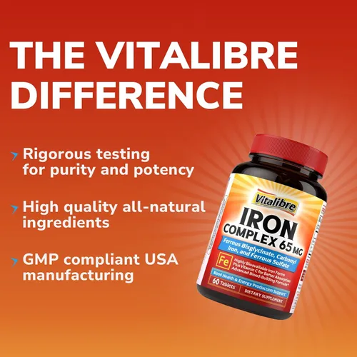 Vista 7 de Suplemento de hierro, bisglicinato ferroso complejo de 65 mg, sulfato, hierro carbonílico with Natural Vitamin C, Stomach Friendly Iron Pills for