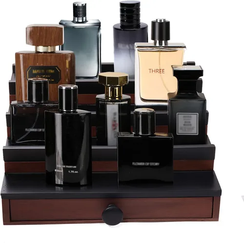 Vista 10 de 4 Tier Men's Cologne Organizer, Black Wooden Display Stand with Drawer Negro-4 niveles