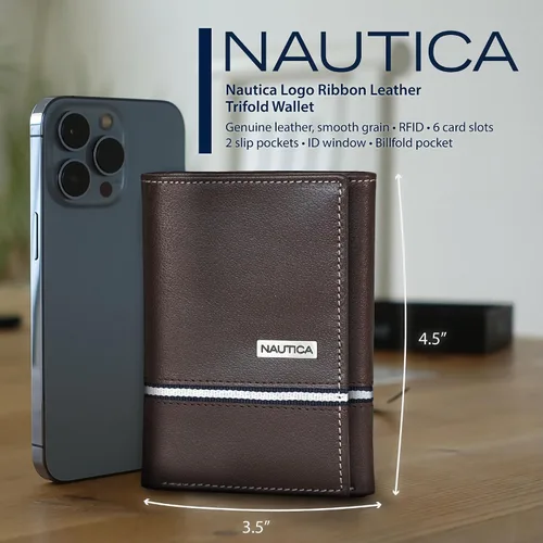 Vista 9 de Nautica Men's Trifold Wallet RFID Blocking Protection ID Window Card Slots Genuine Leather Durable