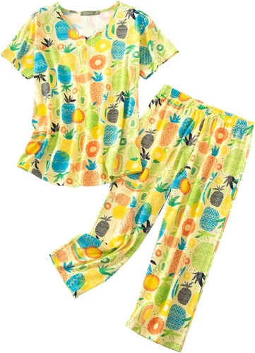 Vista 16 de ENJOYNIGHT Conjuntos de pijama de algodón para mujer, pijamas de verano con pantalones capri, ropa de dormir Gato negro