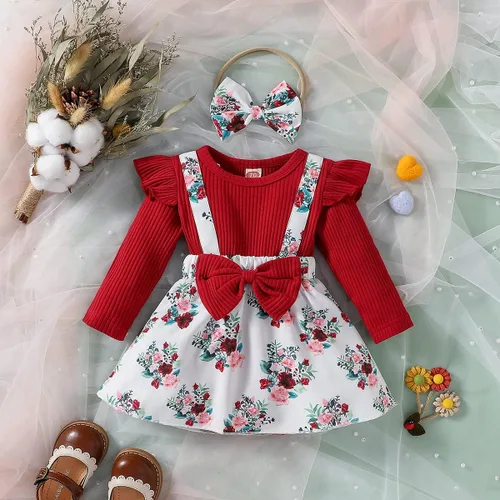 Vista 6 de Haokaini Ropa para bebé niña, vestido de mameluco para recién nacido, manga larga, con volantes, falda floral con tirantes, conjunto de overol