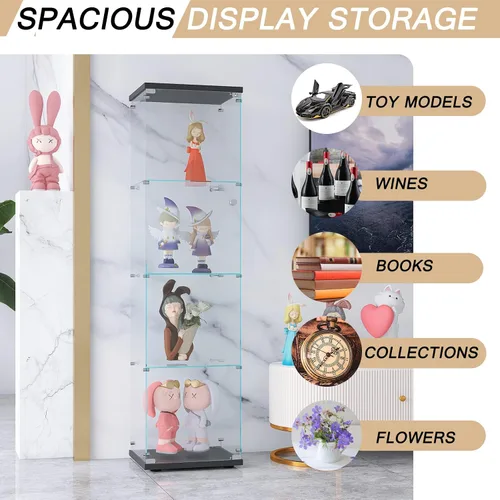 Vista 7 de Vitrina de cristal con luces LED y cerradura, vitrina Curio de 4 niveles con puerta de cristal, estantería de pie para sala de estar, dormitorio