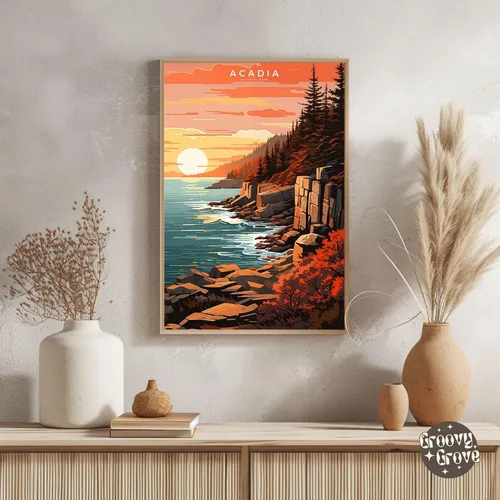 Vista 4 de Póster del Parque Nacional Acadia, arte abstracto de la pared, arte de pared de paisaje natural retro, impresiones artísticas de pared para oficina